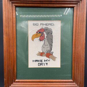 Framed under Glass Go Ahead Make My Day Buzzard Vulture Finishes Cross Stitch